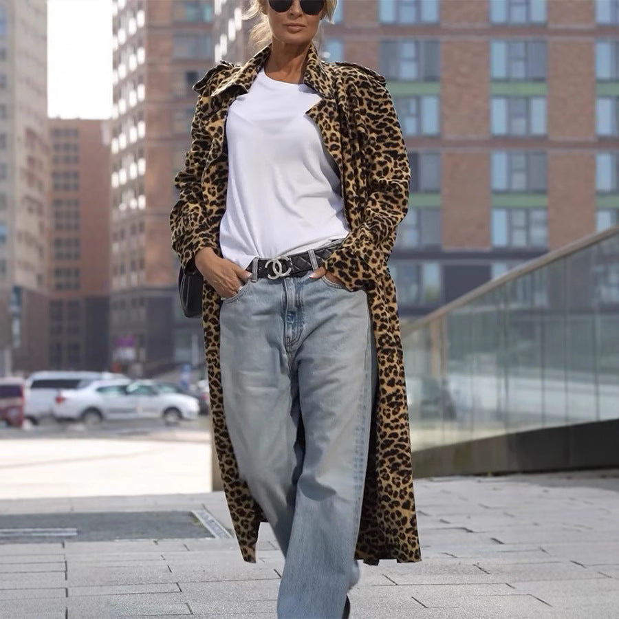 Autumn Winter Printed Leopard Print Collared Women Windbreaker Loose Casual Long Sleeves Coat Leopard