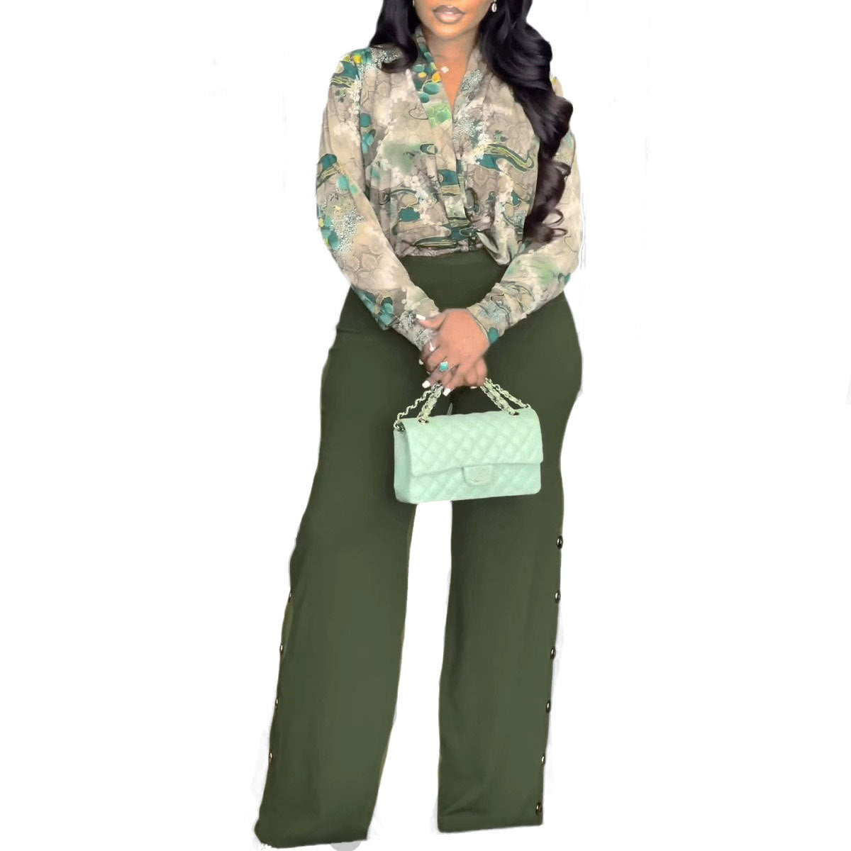 Women Printed V neck Shirt Wide Leg Pants Two Piece Set Green