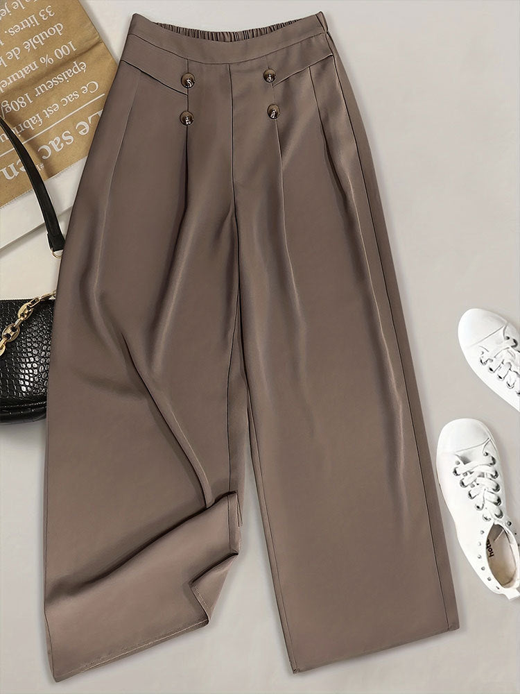 Loose High Waist Button Casual Pants Cropped Pants Wide Leg Women Pants Coffee