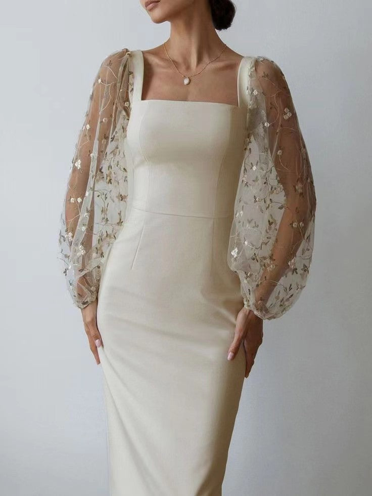 Women Concise Elegant Embroidery Stitching Hip Dress White