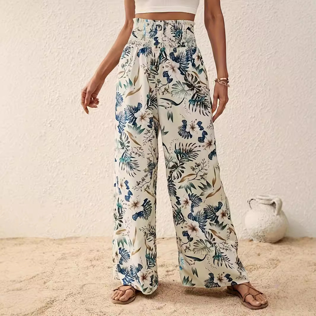 Women Clothing Spring Autumn Summer Printed Casual Comfortable Elegant Elastic Waist Wide Leg Pants