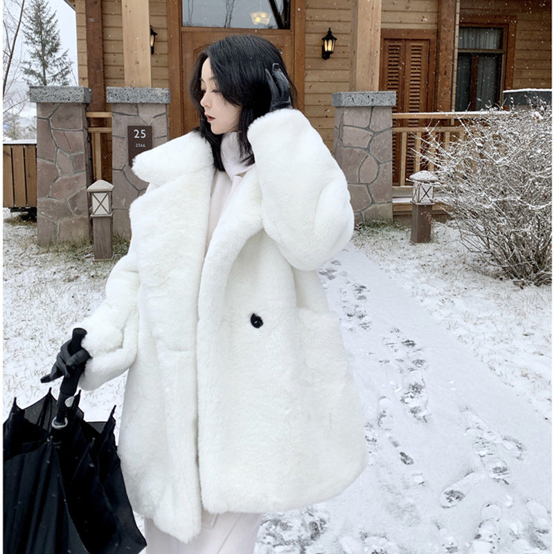 Korean Winter Coat Loose Faux Fur coat Collar Thick White Marten Fur Plush Overcoat