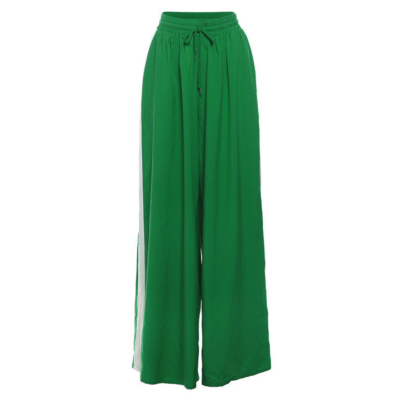 Autumn Winter Color Contrast Mop Wide Leg Pants High Waist Casual Strap Straight Leg Pants Green