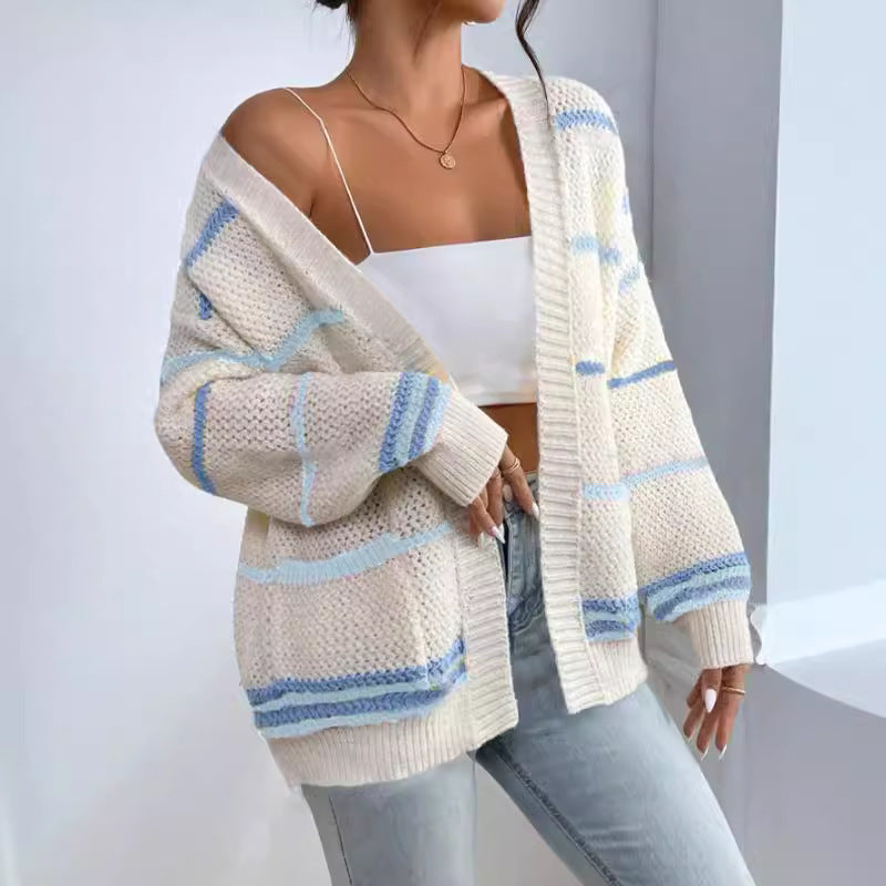 Autumn Winter Rainbow Bar Knitted Cardigan Women Sweater Loose Casual All Matching Sweater Coat