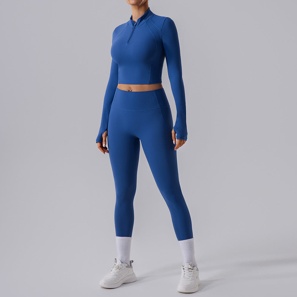 Long Sleeve Quick Drying Slim Fit Thin Yoga Wear Lightweight Breathable Yoga Trousers Sports Fitness Yoga Two Piece Sets YW534 Kw297 Dark Blue