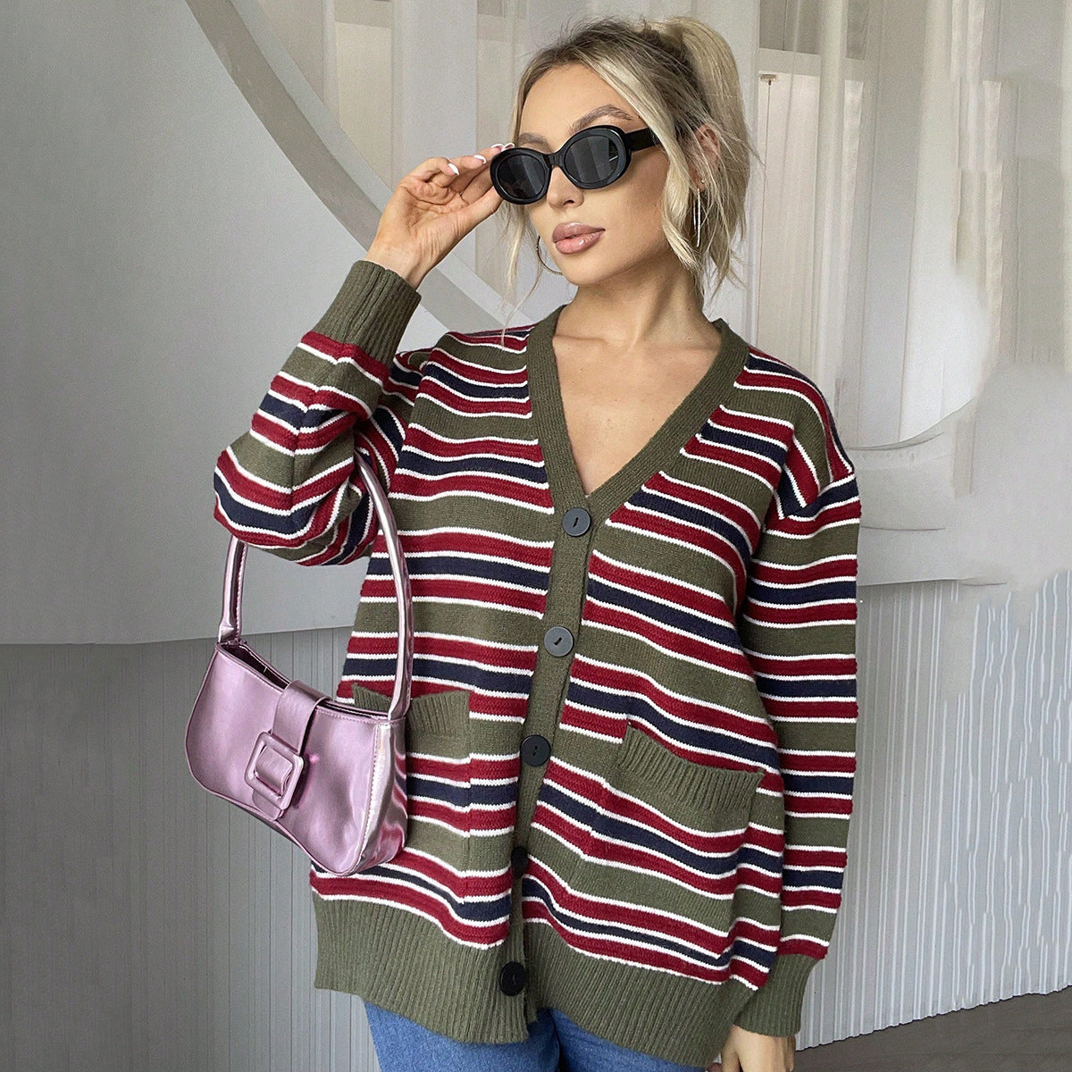 Women V neck Striped Stitching Contrast Color Knitted Cardigan Autumn Winter Casual Loose Sweater Coat Army Green