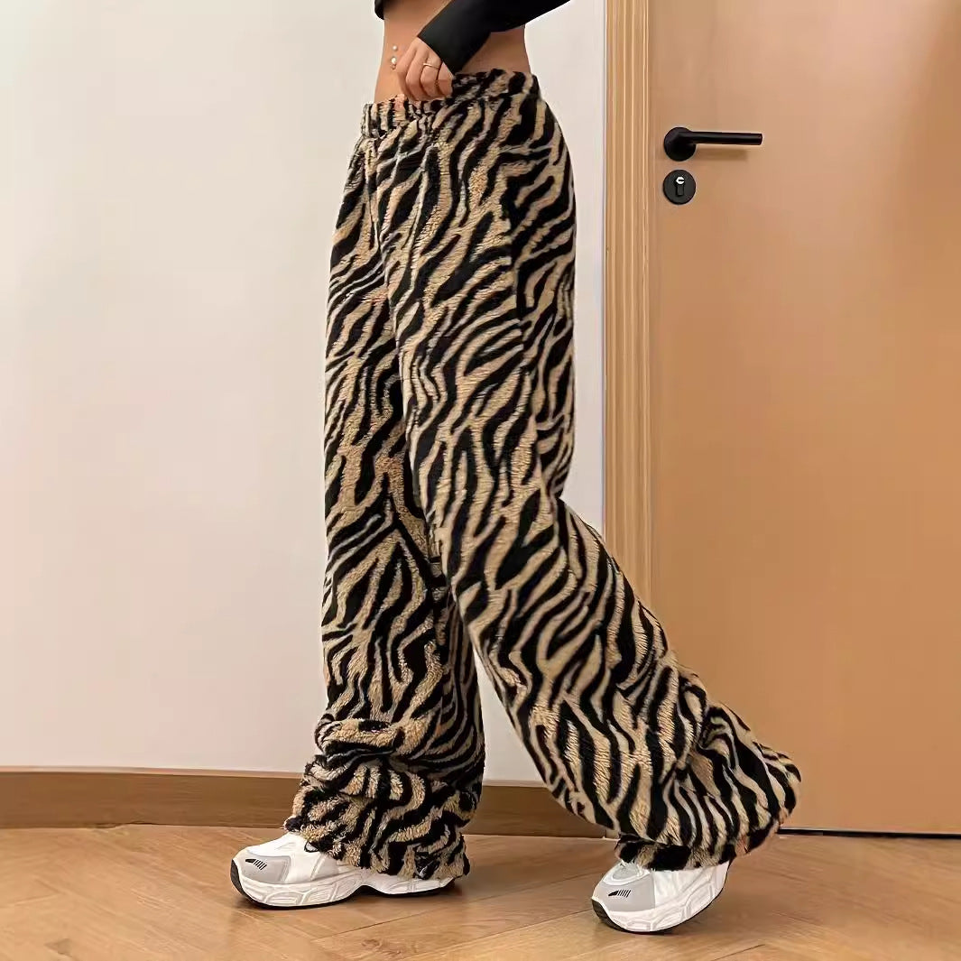 Autumn Winter Warm Leopard Print Pants Casual Comfortable Drape Wide Leg Women Trousers