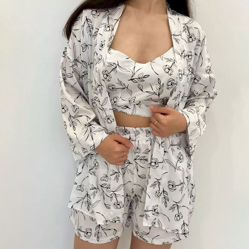 Artificial Silk Underwear Shorts Outerwear Gown Pajamas Three Piece Set Loose Lace up Ice Feeling Home Wear Multi