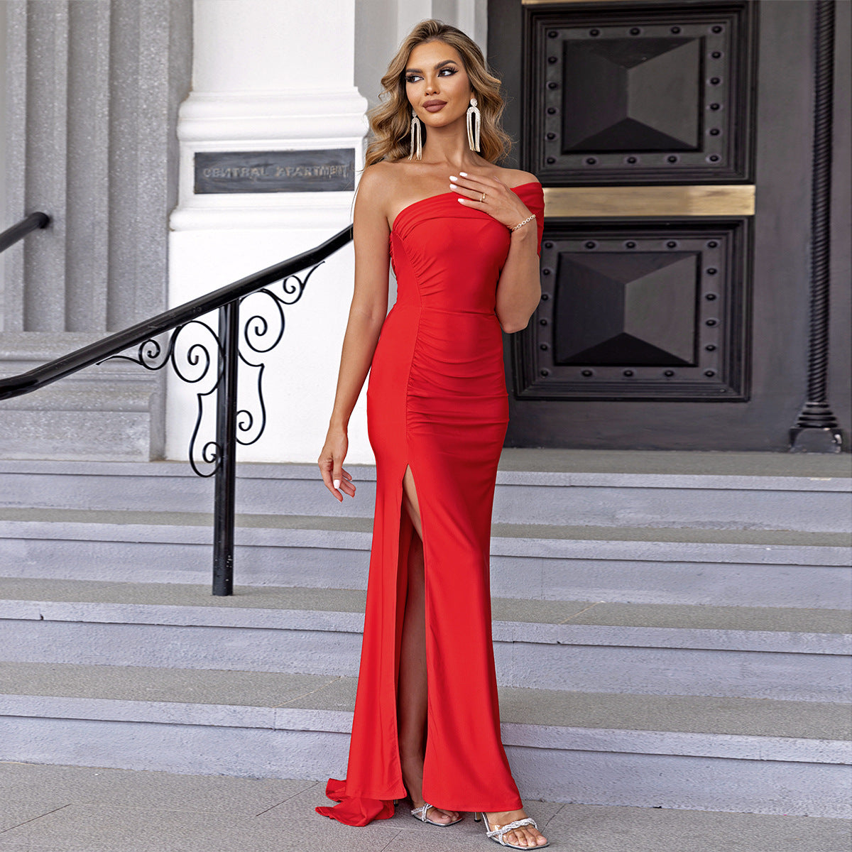 Summer Women Slim Dress Off Shoulder Split Thigh Dress Red