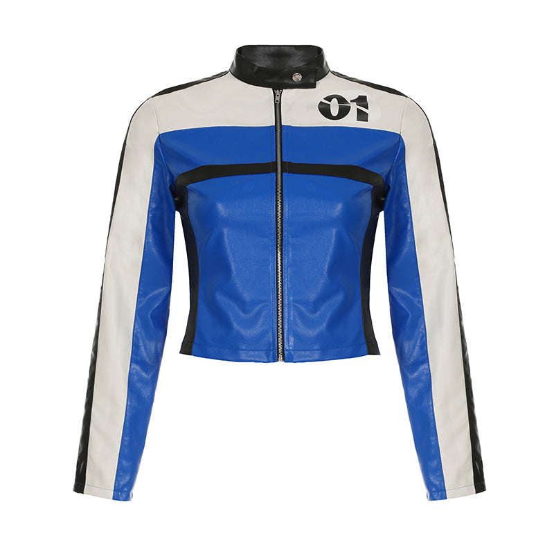 Haulage Motor Jacket Coat Digital Printing Stitching Contrast Color Zipper Long Sleeve Short Faux Leather Top Blue