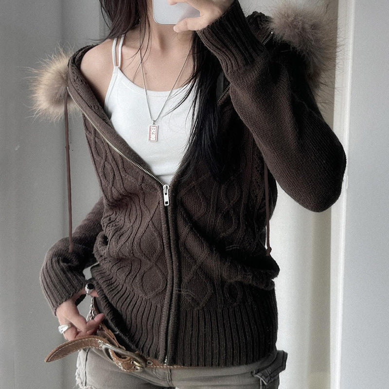 Autumn Winter Retro Twist Zipper Cardigan Sweater Slim Fit Sexy Warm Furry Hooded Jacket Two Piece Sets