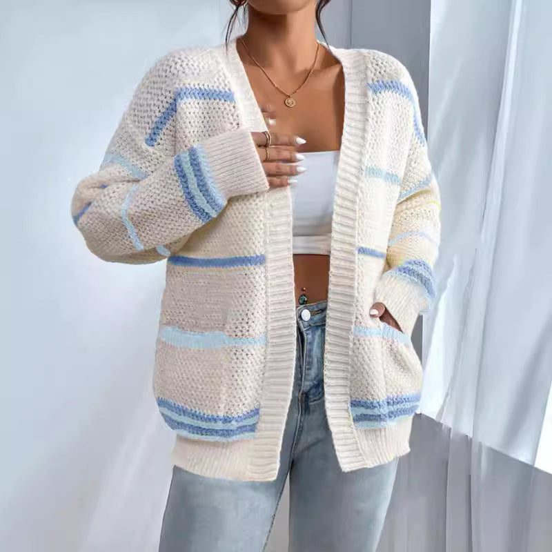 Autumn Winter Rainbow Bar Knitted Cardigan Women Sweater Loose Casual All Matching Sweater Coat