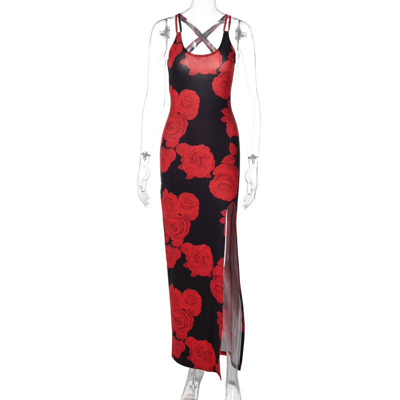 Summer Women Clothing Sexy Slit Strap Dress Printing Dress Red