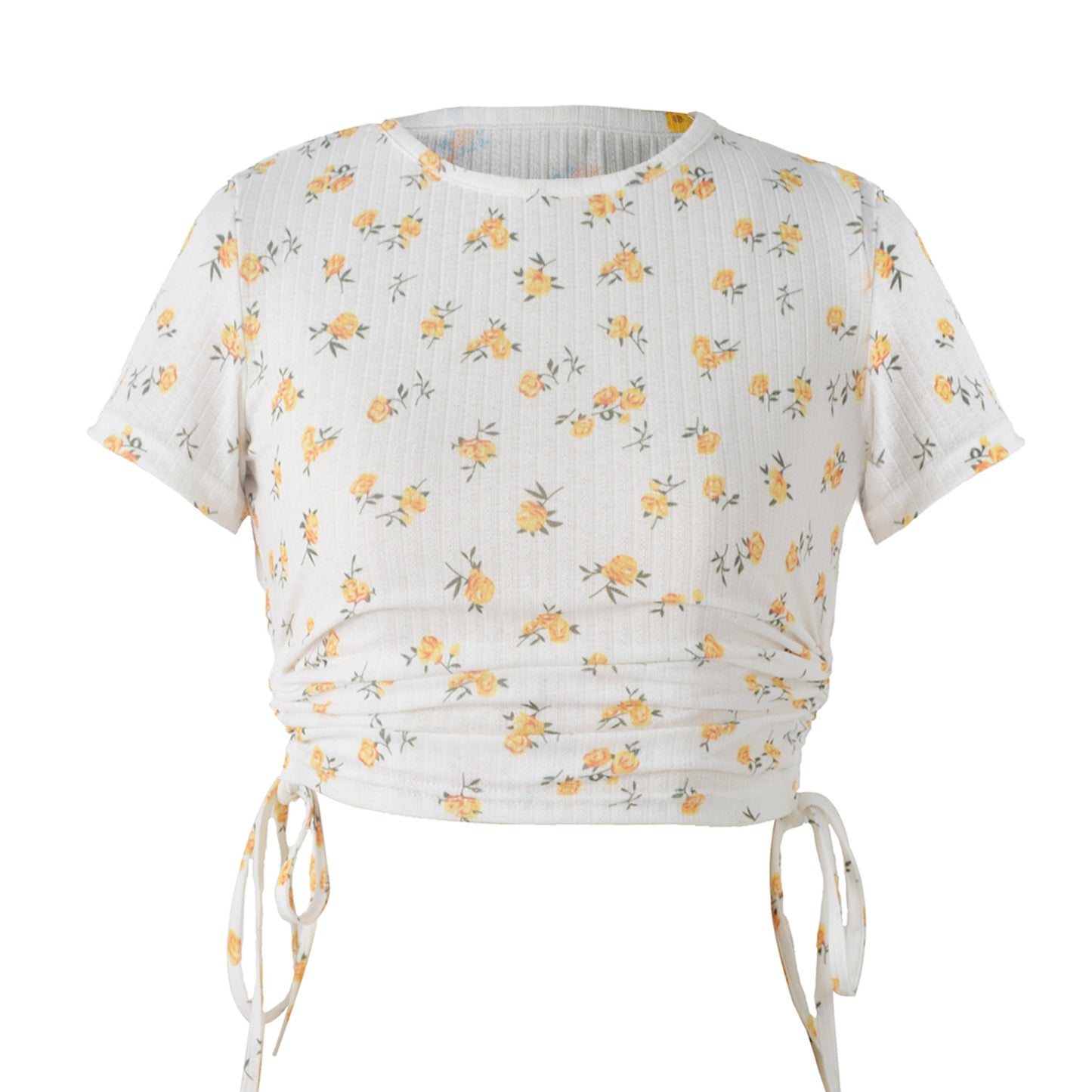 Printed Short-SleevedT-shirt Drawstring cropped round Neck Casual Top Yellow Floral on White Background