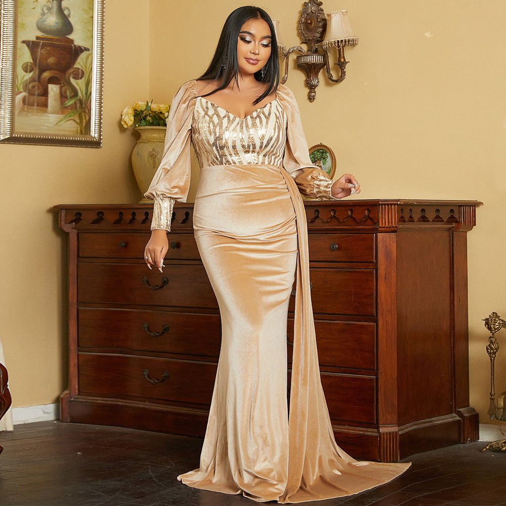 Plus Size Women Long Velvet Cocktail Light Luxury Bridesmaid Dress Evening Dress for Women