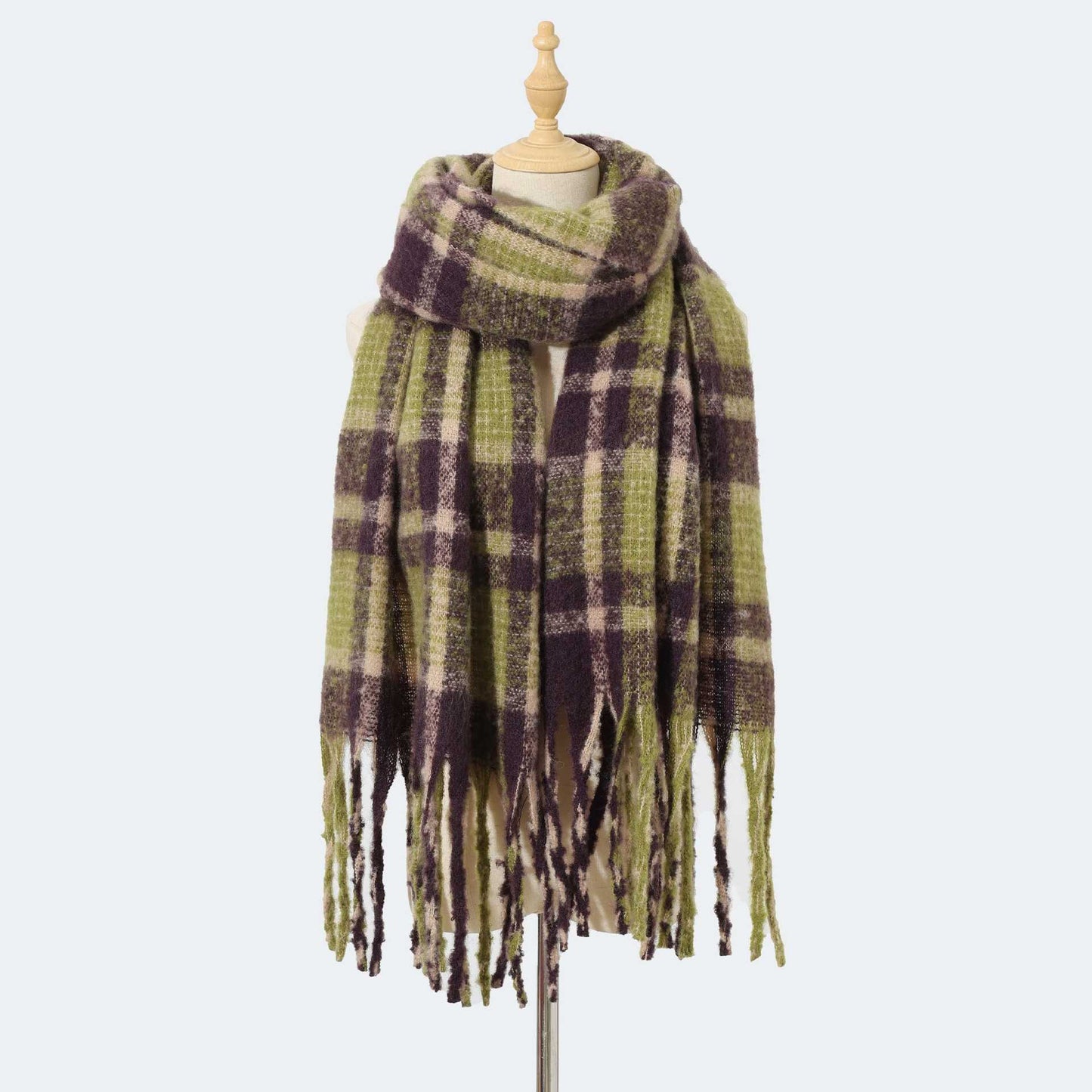 Autumn Winter Mohair Plaid Scarf for Women Thickened High Grade Cashmere like Scarf Warm Scarf One Size Green