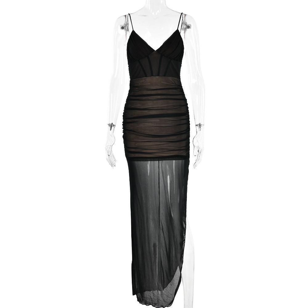 Summer V neck Strap Dress Women Sexy See through Gauze Stitching High Slit Maxi Dress Black