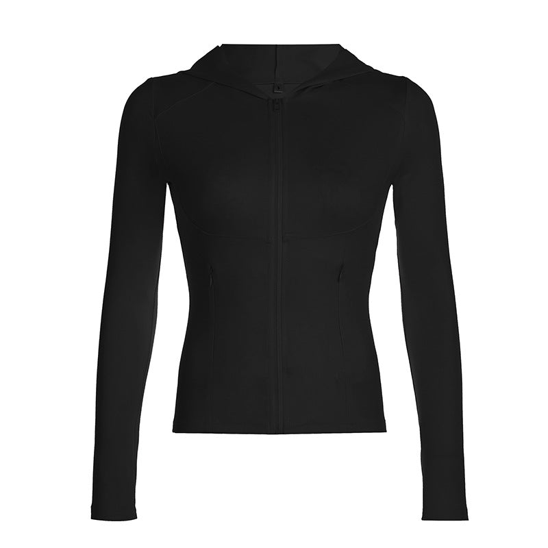 Solid Color Sports Fitness Running Top Yoga Slim Fit Fall Winter Outer Wear Hooded Zipper T shirt for Women Black