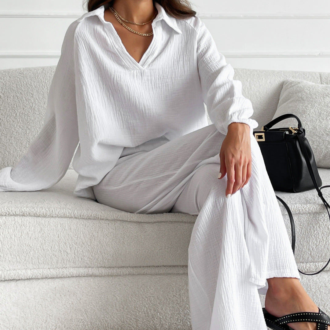 Pure Cotton Black Crepe V Neck Pajamas Loose Breathable Long Sleeve Suit Spring Home Wear Women White