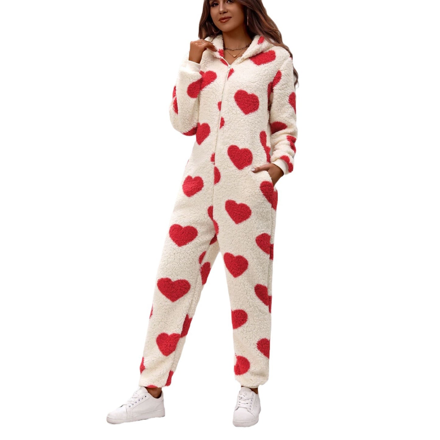 Women Clothing Autumn Winter Plush Loving Heart Printed Christmas Hooded Jumpsuit