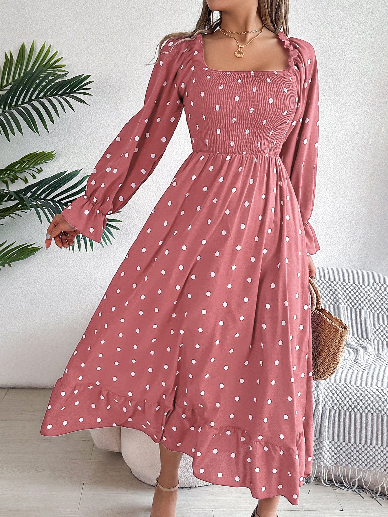 Real Shot Autumn Winter Casual Wooden Ear Square Collar Polka Dot Large Swing Dress Women Pink