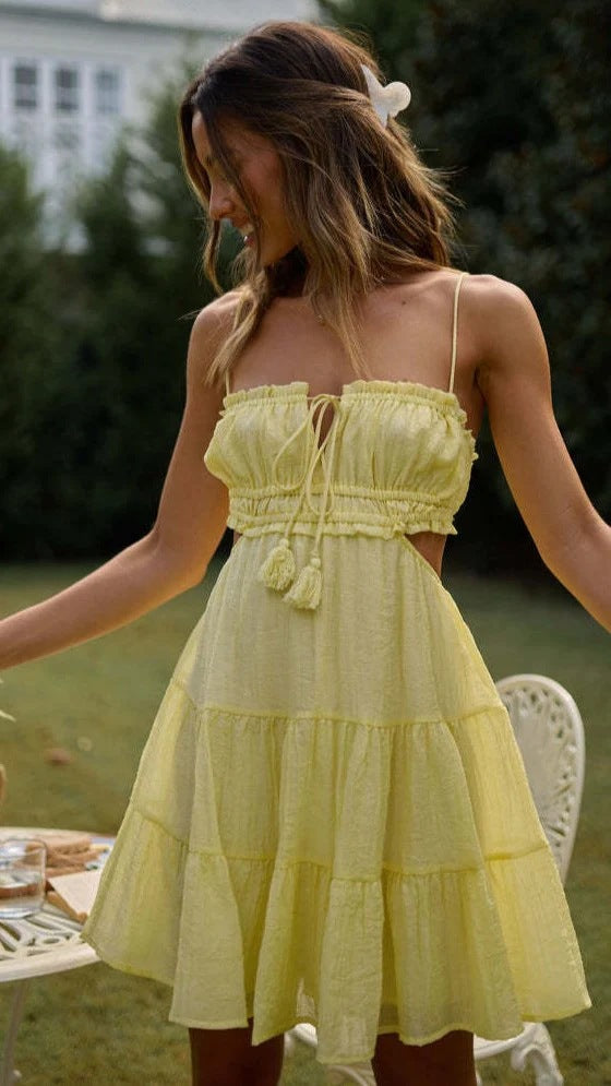 Summer Women Sling Off Neck Backless Short Women Dress Pale Yellow