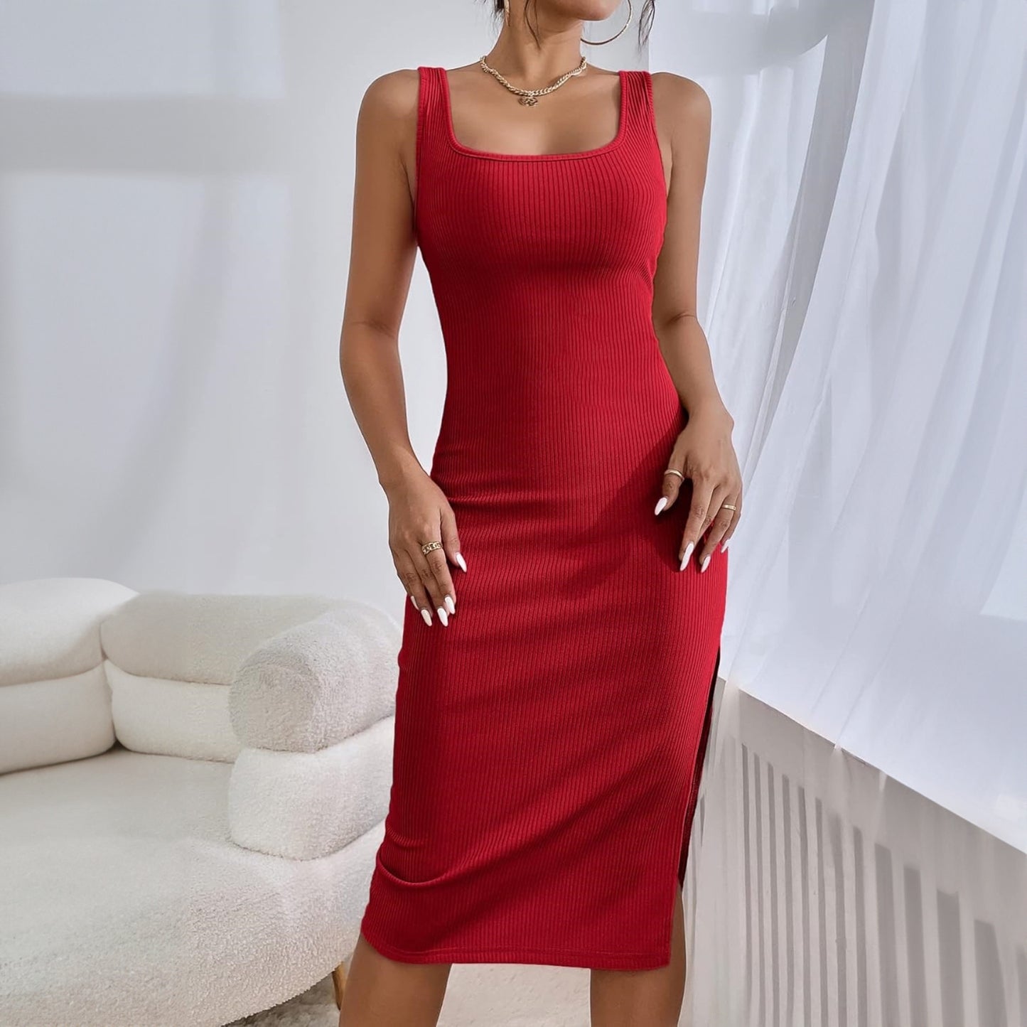 Summer Solid Color Slim Fit Sexy Slit Square Collar Hip Bag Women Cami Dress