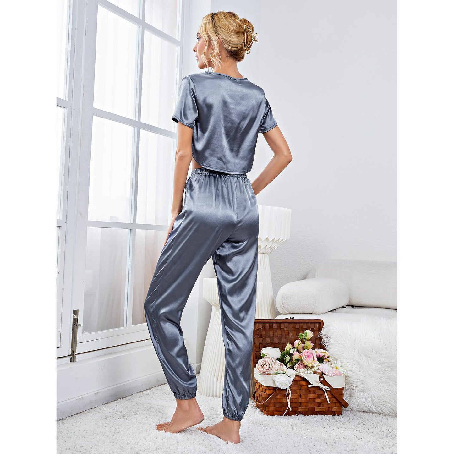 Pajamas Women Spring Autumn Artificial Silk Short Top Long Pajama Pants Home Wear Suit