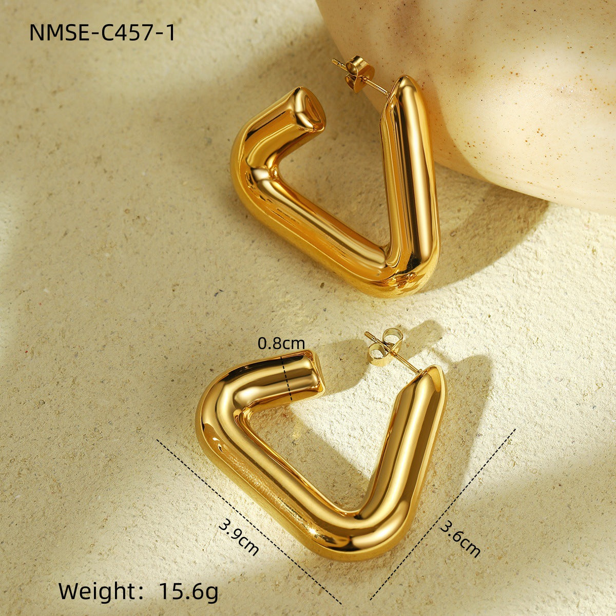 Niche Personality Exaggerated Stainless Steel Earrings Real Gold Geometric Abstract Triangle Shaped Titanium Steel Ear Studs Women One Size NMSE-C457-1