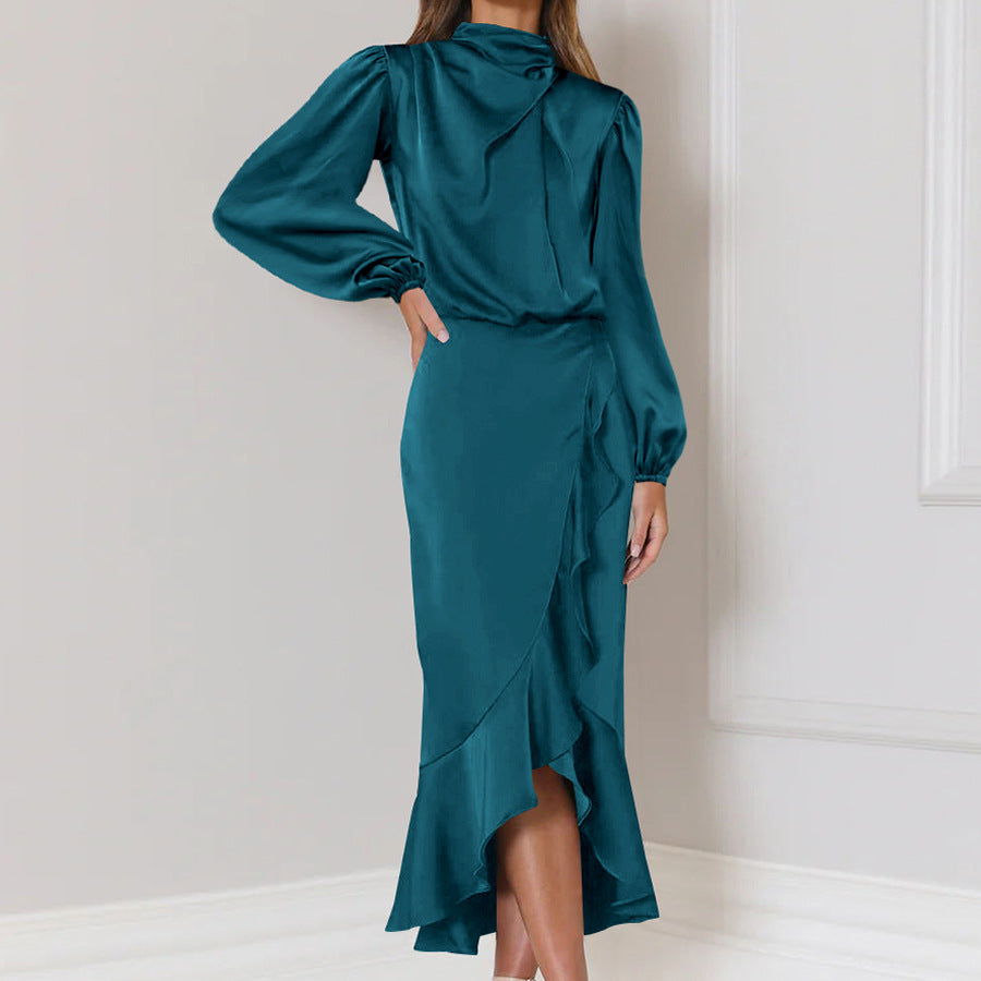 Fishtail High Grade Satin Long Sleeve Loose Dress Elegant Women Dress Evening Dress Lake Blue