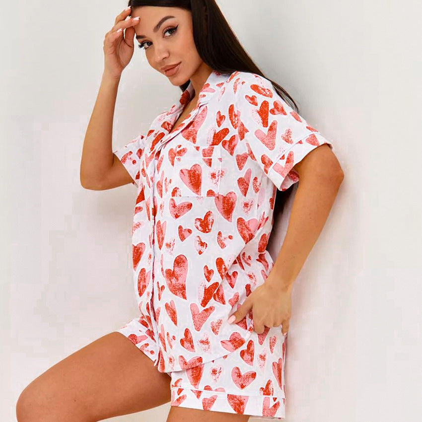 Heart Printing Pajamas Women Summer Loose Casual Short Sleeved Shorts Home Wear