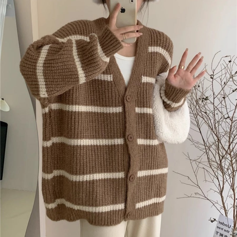 Lazy Contrast Color Striped Knitted Cardigan for Women Autumn Winter Retro V neck Loose Slimming Sweater Tide One Size Brown