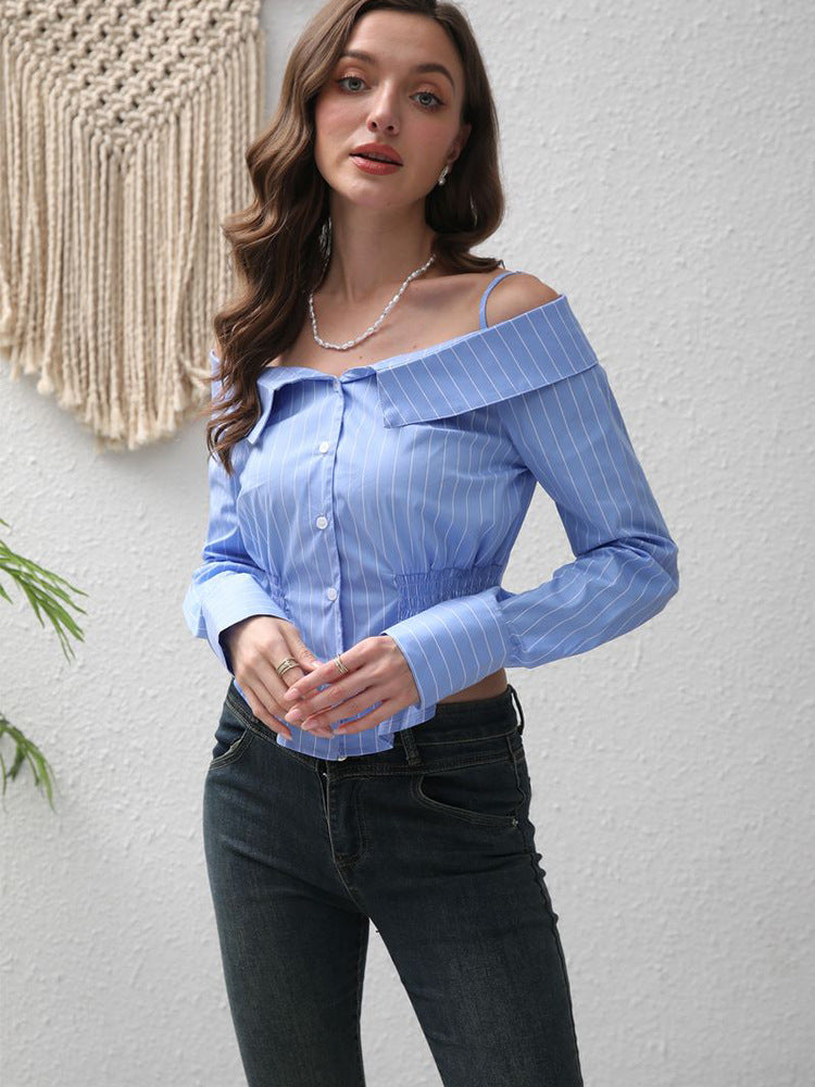 Women Clothing Striped off Shoulder Spaghetti Straps Long Sleeved Shirt Women Summer skyblue