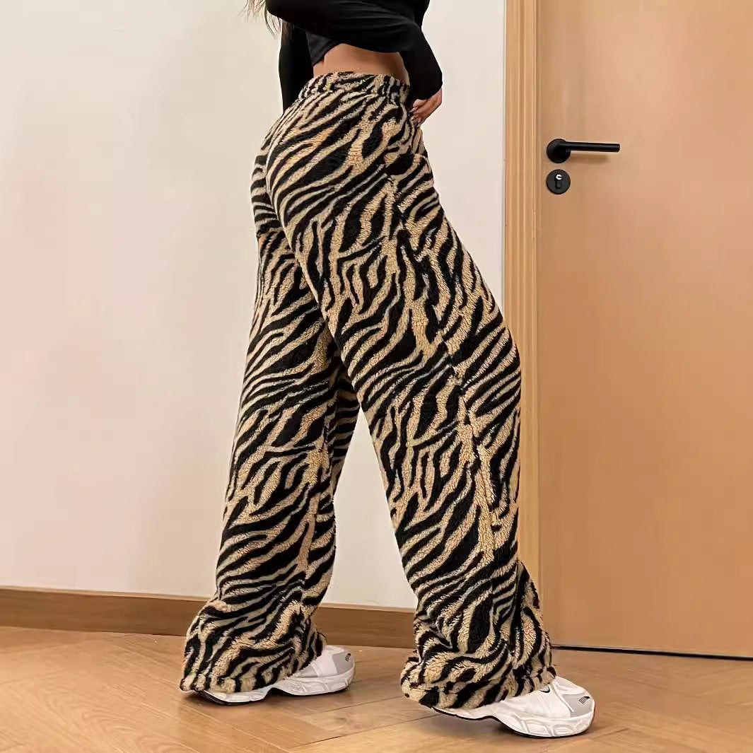 Autumn Winter Warm Leopard Print Pants Casual Comfortable Drape Wide Leg Women Trousers