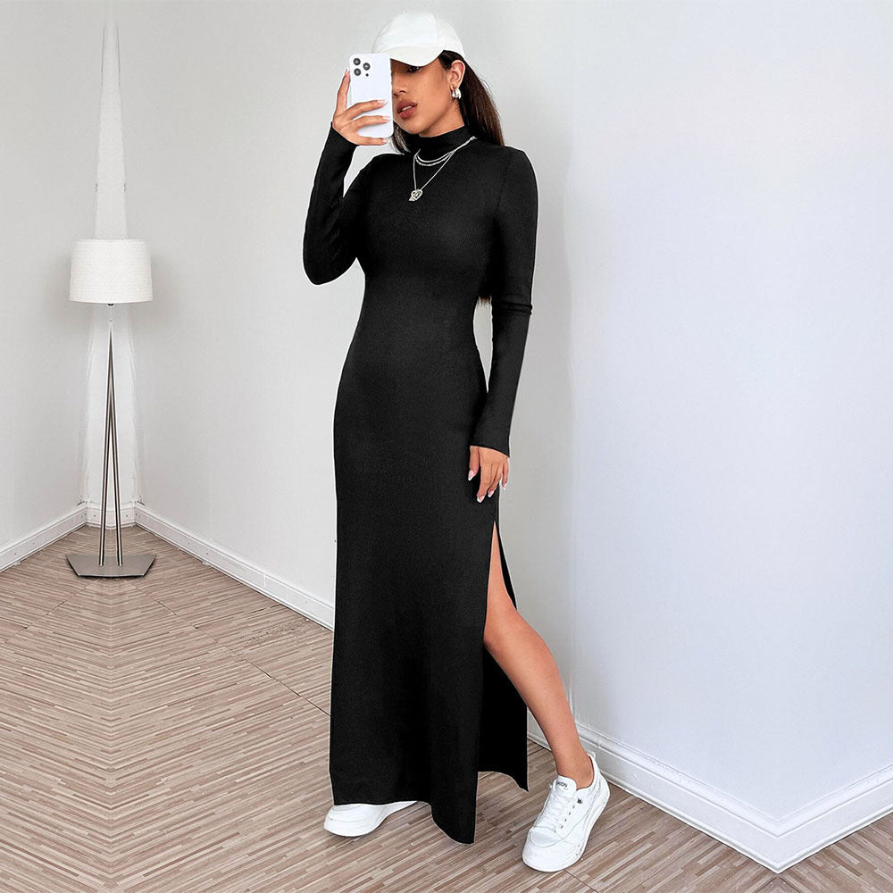 Women Clothing Simple Sexy Dress Autumn Winter Backless Design Slim Fit Slit Midi Dress