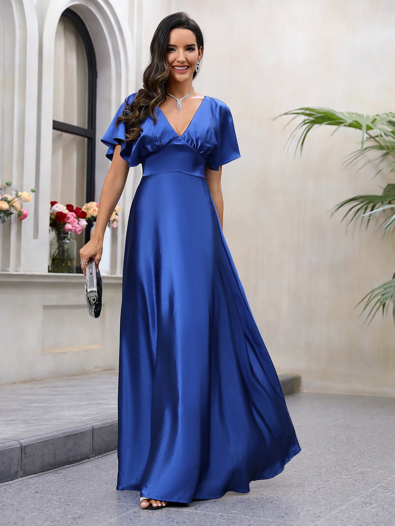 Summer Women Clothing V Neck Waist Design Satin Dress Elegant Graceful Waist Dress Royal Blue