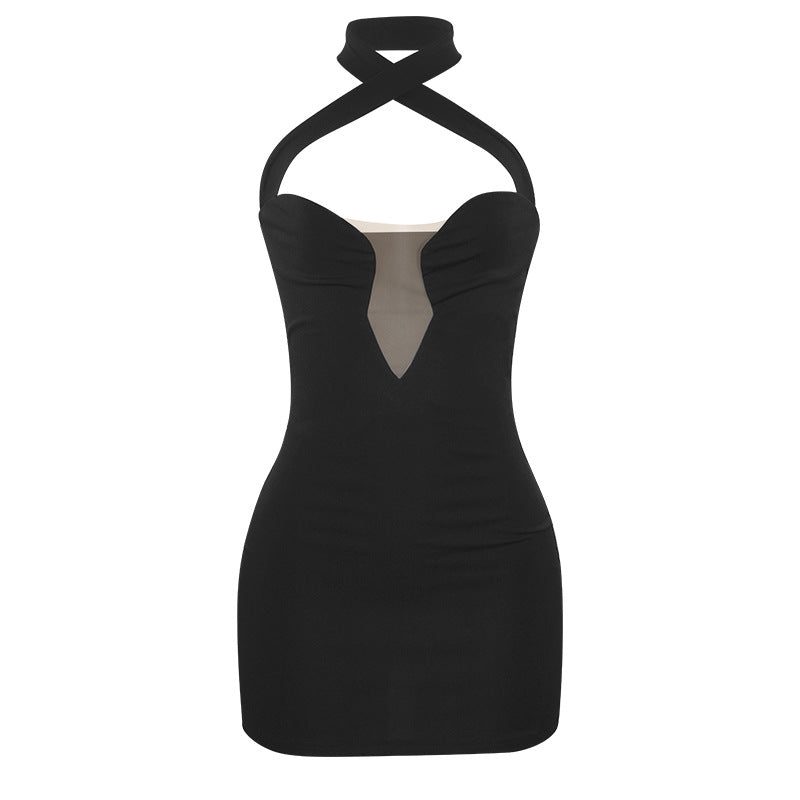 Summer Solid Color Sleeveless Wrapped Chest Hip Dress Sexy Halter Women Dress Black