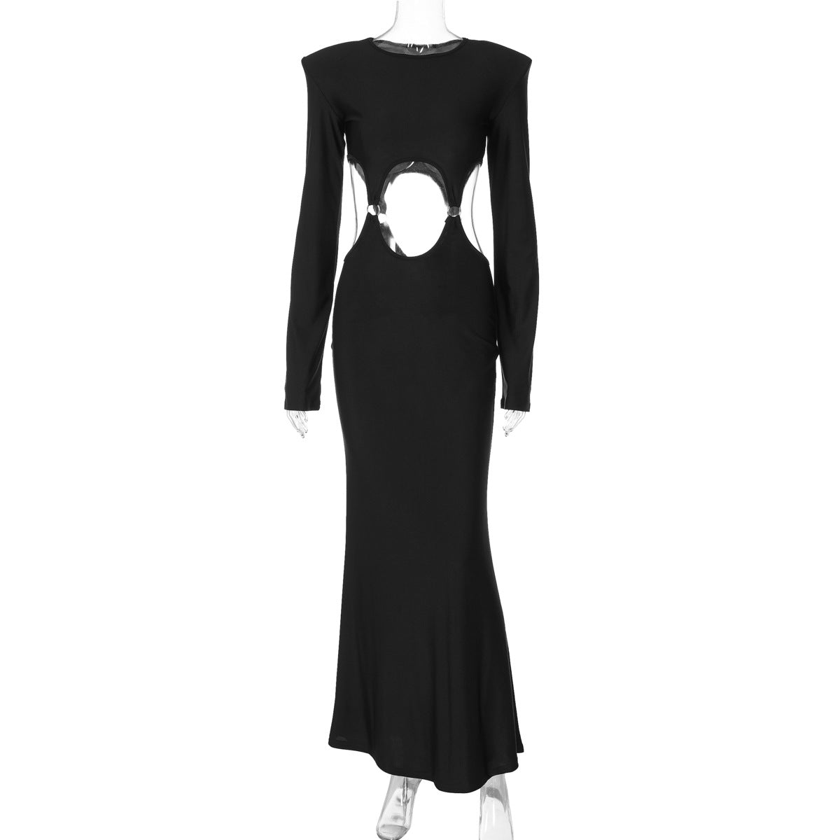 Summer Women Long Sleeve Solid Color round Neck Dress Sexy Cutout Slim Fit Dress Black