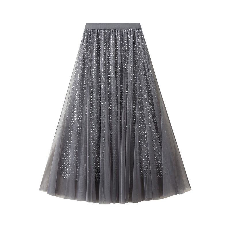 High Grade Sequin Gauze Skirt Women Draping Super Fairy Gauze Skirt Covering Large Swing A line Long Skirt One Size Gray