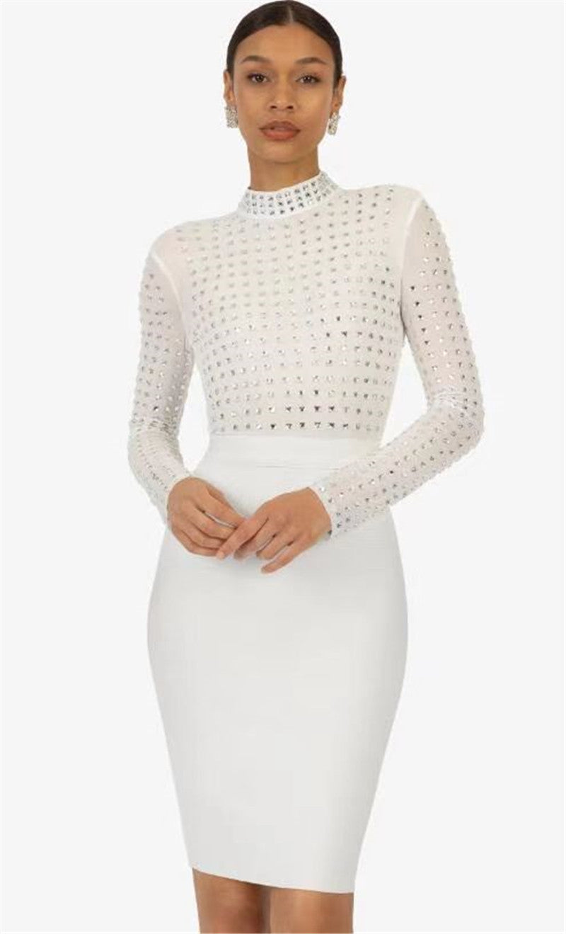 Mesh Stitching Autumn Winter Bandage One Piece Dress Women Sexy Turtleneck Diamond Nightclub Party Dress White