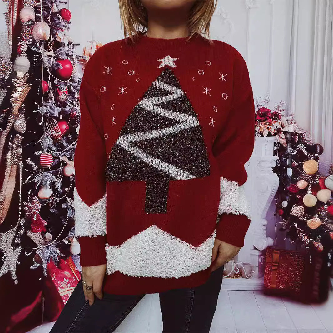 Autumn Winter Christmas Sweater Christmas Tree Gold Line Flocking round Neck Long Sleeve Loose Knitted Pullover