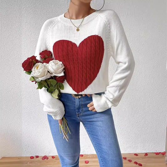 Autumn Winter Cute Love Pattern round Neck Pullover Knitted Sweater