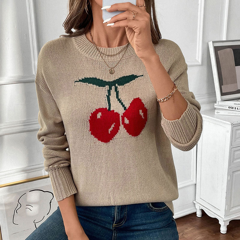 Autumn Winter round Neck Cherry Pullover Valentine Day Christmas Knitted Top Women