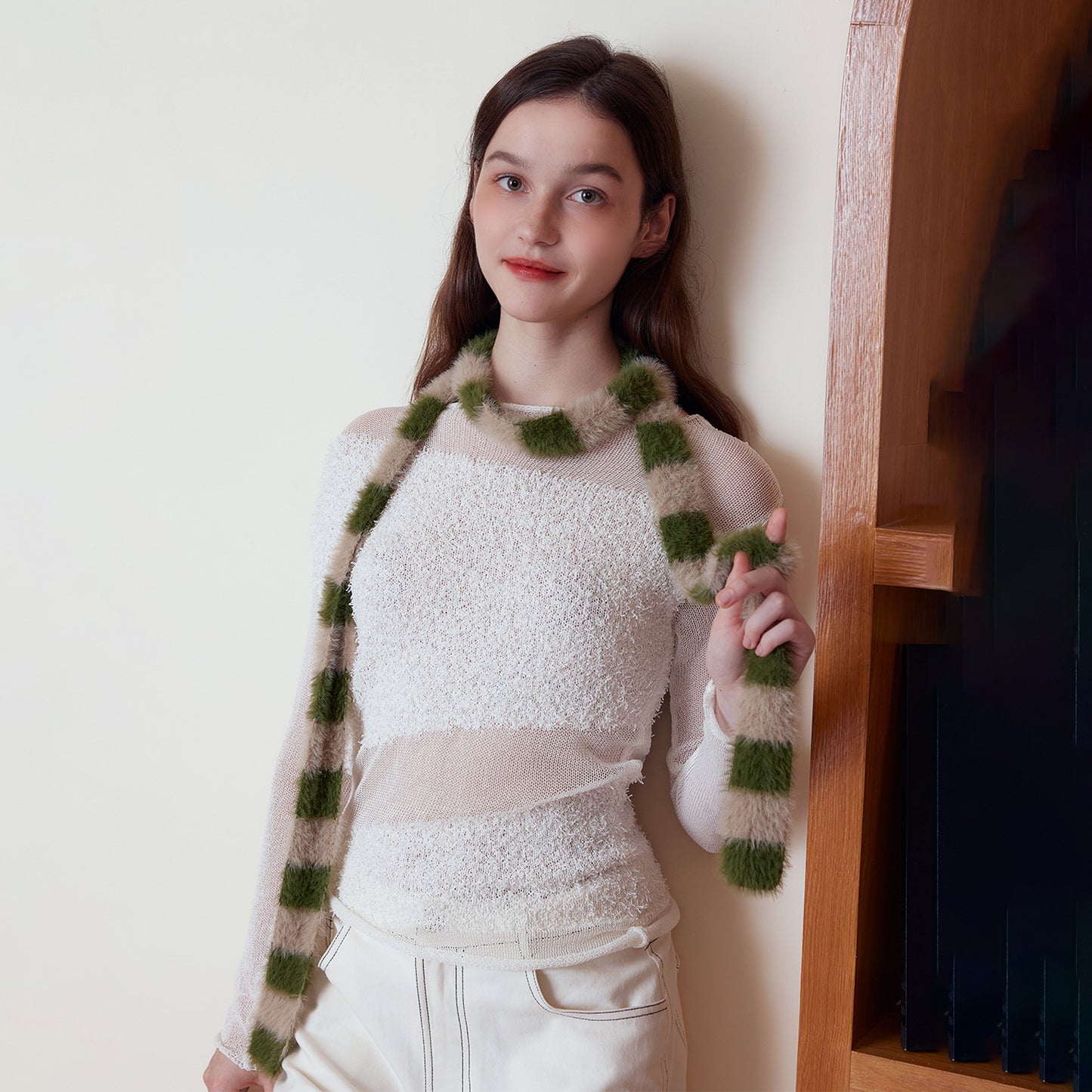 Thin Narrow Long Concave Shape Sausage Knitted Scarf Women Simple Wear Imitation Marten Striped Millennium Sexy Scarf One Size Green Rice Stitching