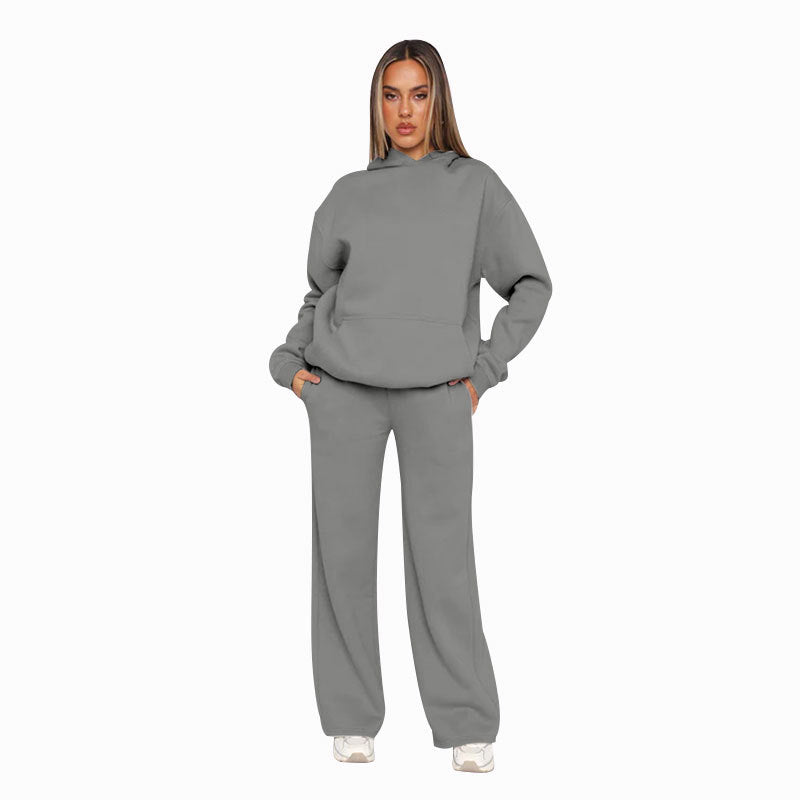 Autumn Winter Solid Color Long Sleeved Hooded Sweaters Women Clothing Casual Wide Leg Pants Sets Gray