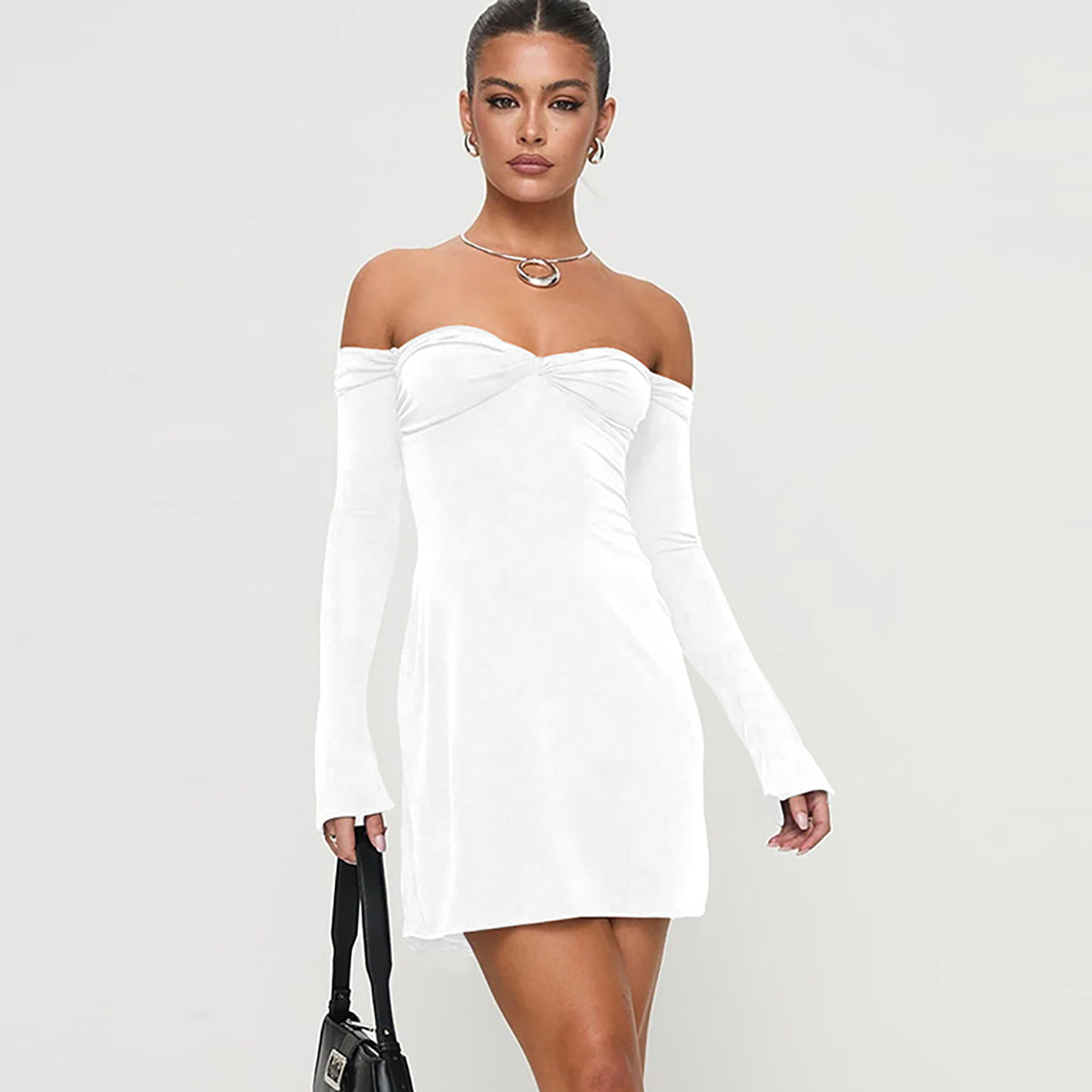 Autumn Winter Women Clothing Long Sleeve Dress Sexy Off Neck Tube Top Backless Hip Dress White