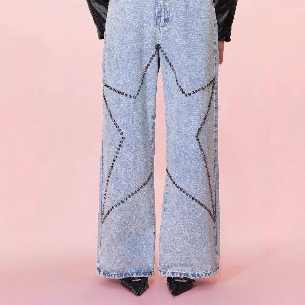 Women Clothing Loose Retro Beaded Jeans Trousers