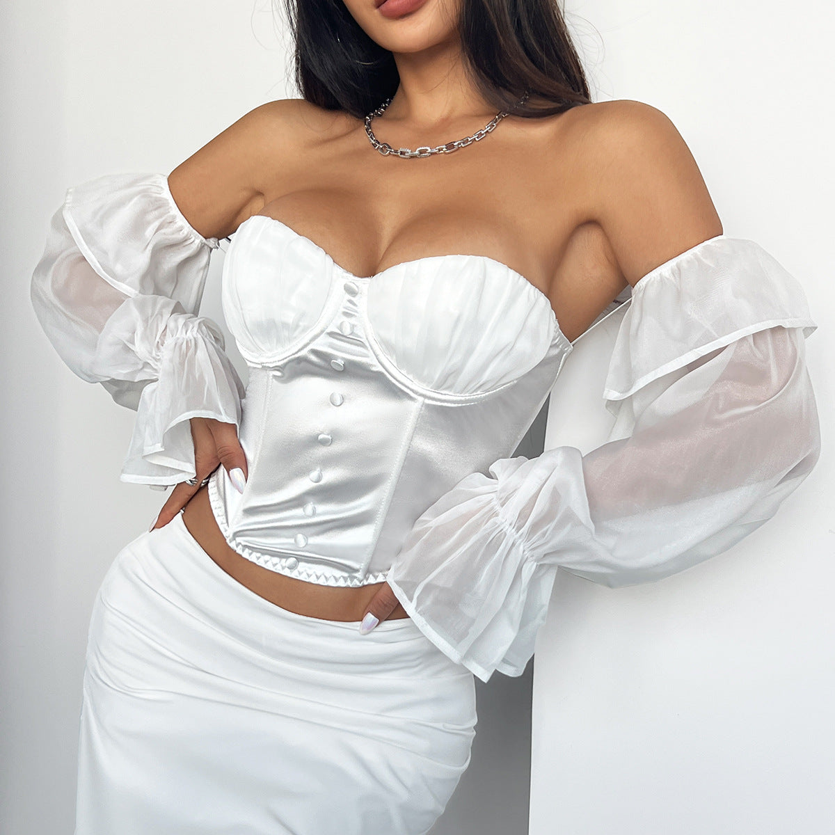 European French Satin High Grade Pleating Steel Ring Boning Corset Mesh Flared Sleeves off the Shoulder Sexy Top 1615