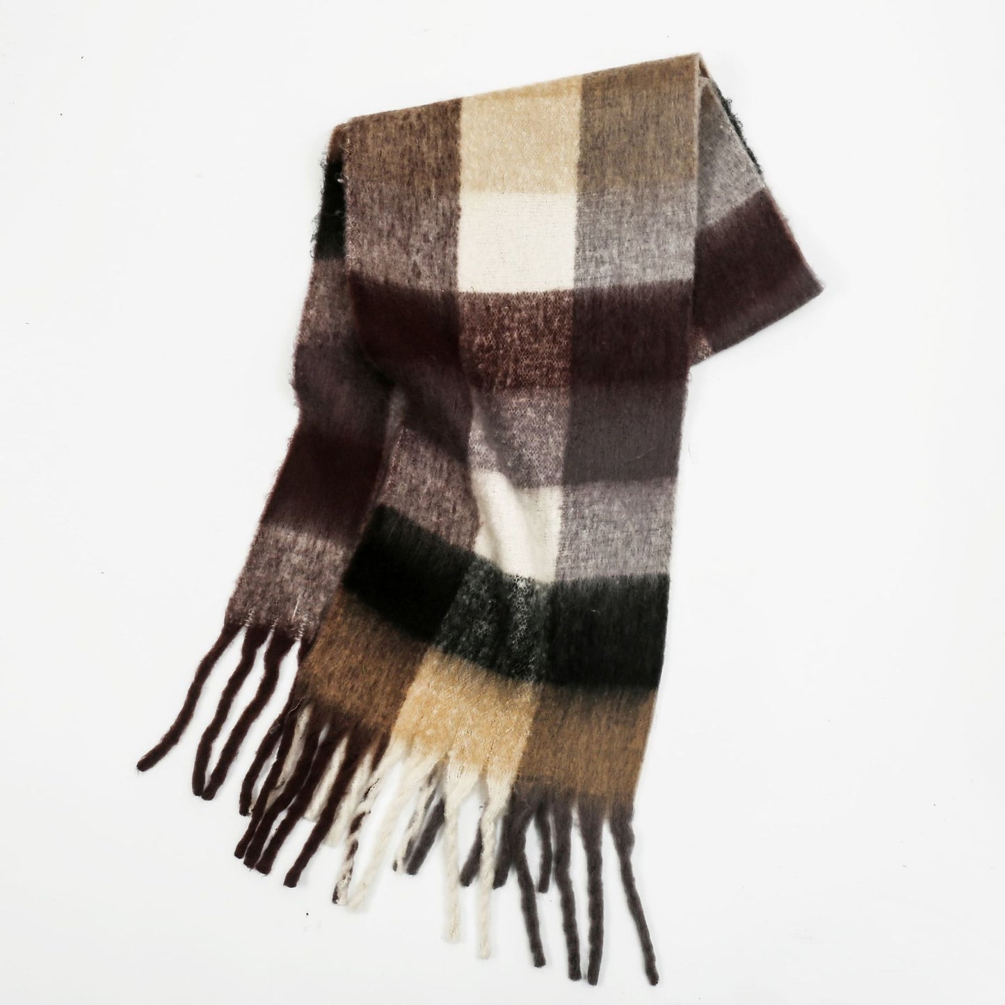 Women Color Matching Mohair Scarf Autumn Winter Warm Thickening Lattice Tassel One Size Coffee color lattice