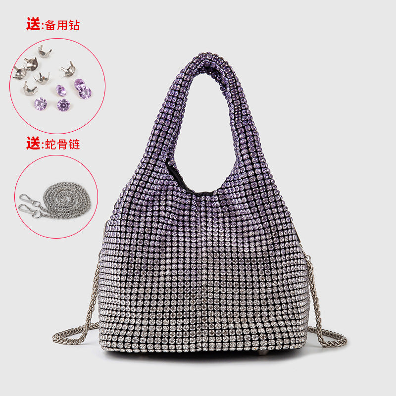 Full Diamond Bag Women Diamond Bucket Bag Rhinestone Chain Portable Messenger Bag One Size Gradient Purple Color